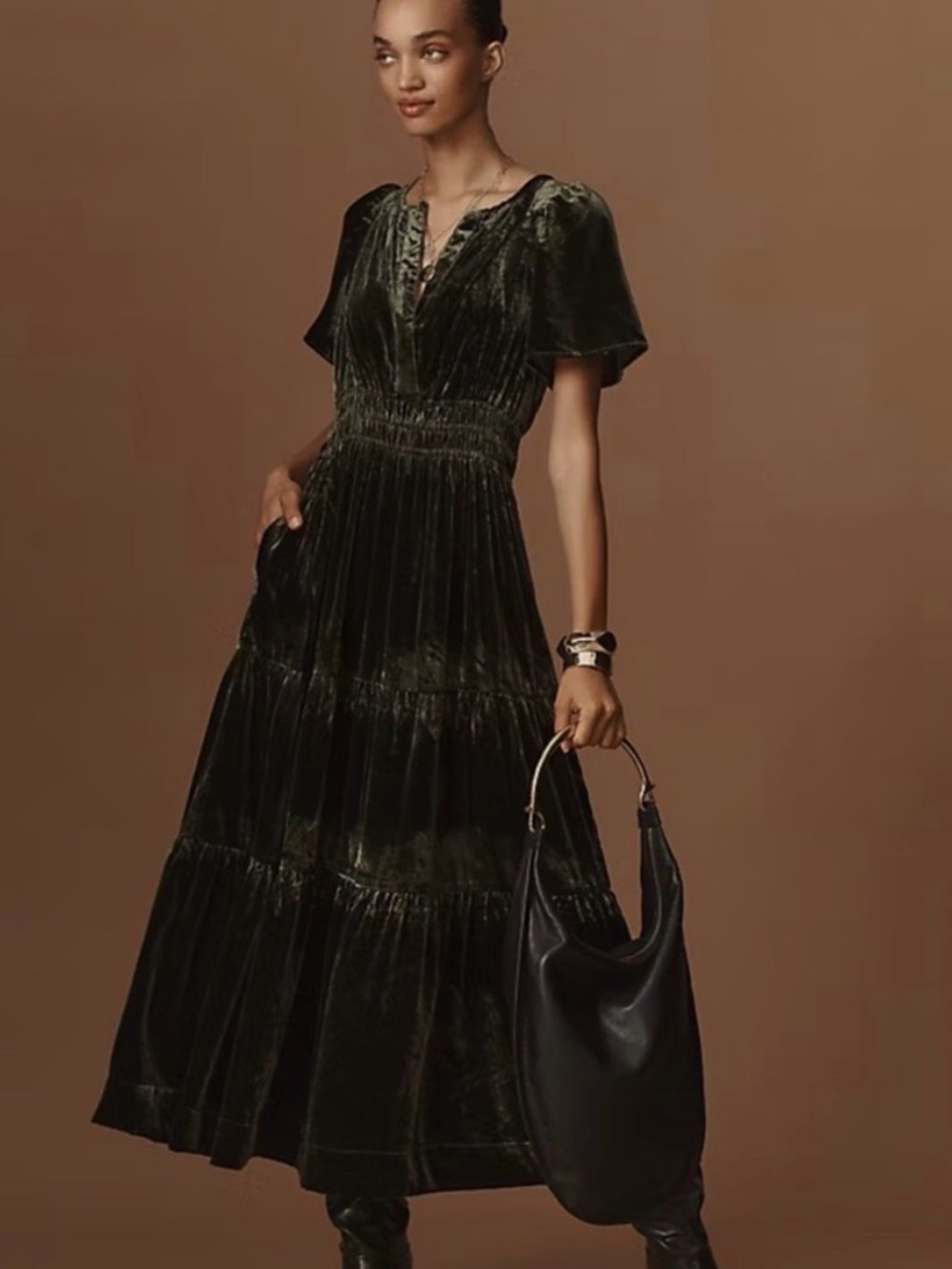 Anthropologie Olive Green Velvet Tiered Midi Dress
